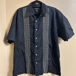 Express men’s Black Short Sleeve Button-Up shirt with intricate white embroidery
